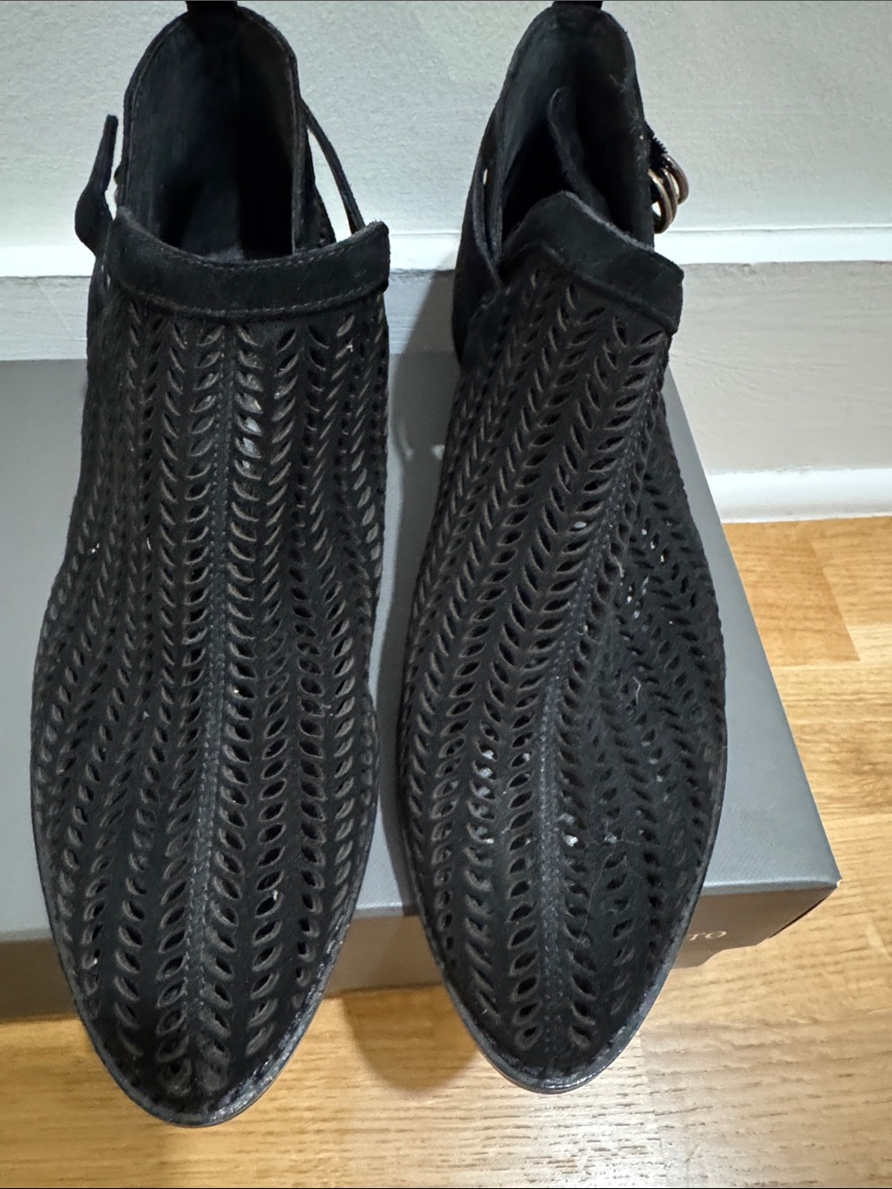 Vince Camuto Black Suede Cutout Ankle Boot with Buckle